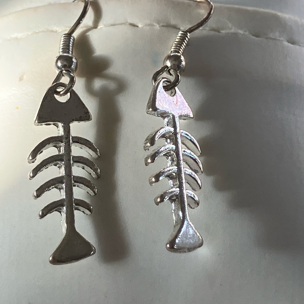 Funky Silver Fish Skeleton Dangle Earrings